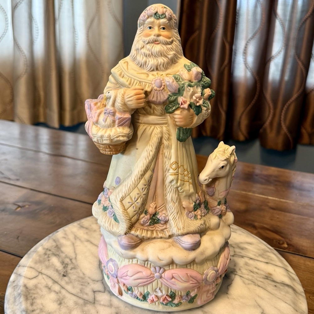 VTG 90s Victorian Pastel Santa Music Box Porcelain White‎ Christmas Horse Floral